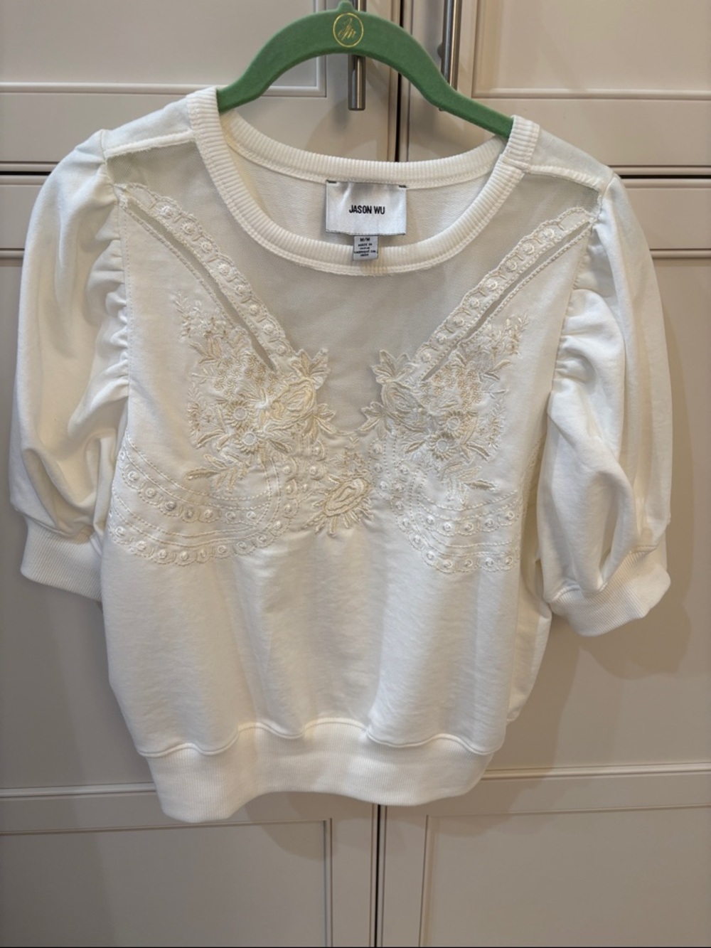 Jason Wu White Embroidered Short Puff Sleeve Sweatshirt